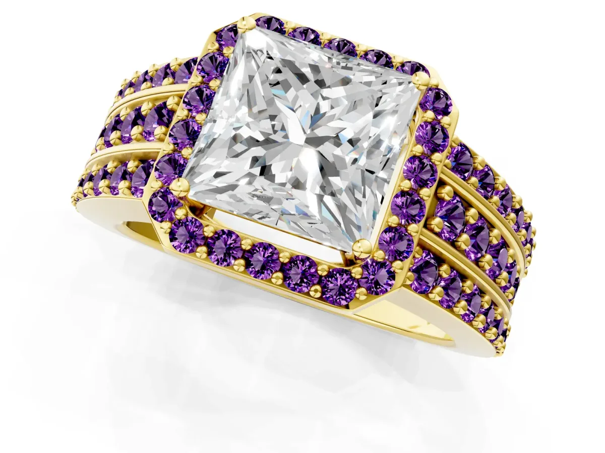 Princess Cut Halo Diamond Ring with Round Amethyst Split Shank and Prong Setting Yellow gold