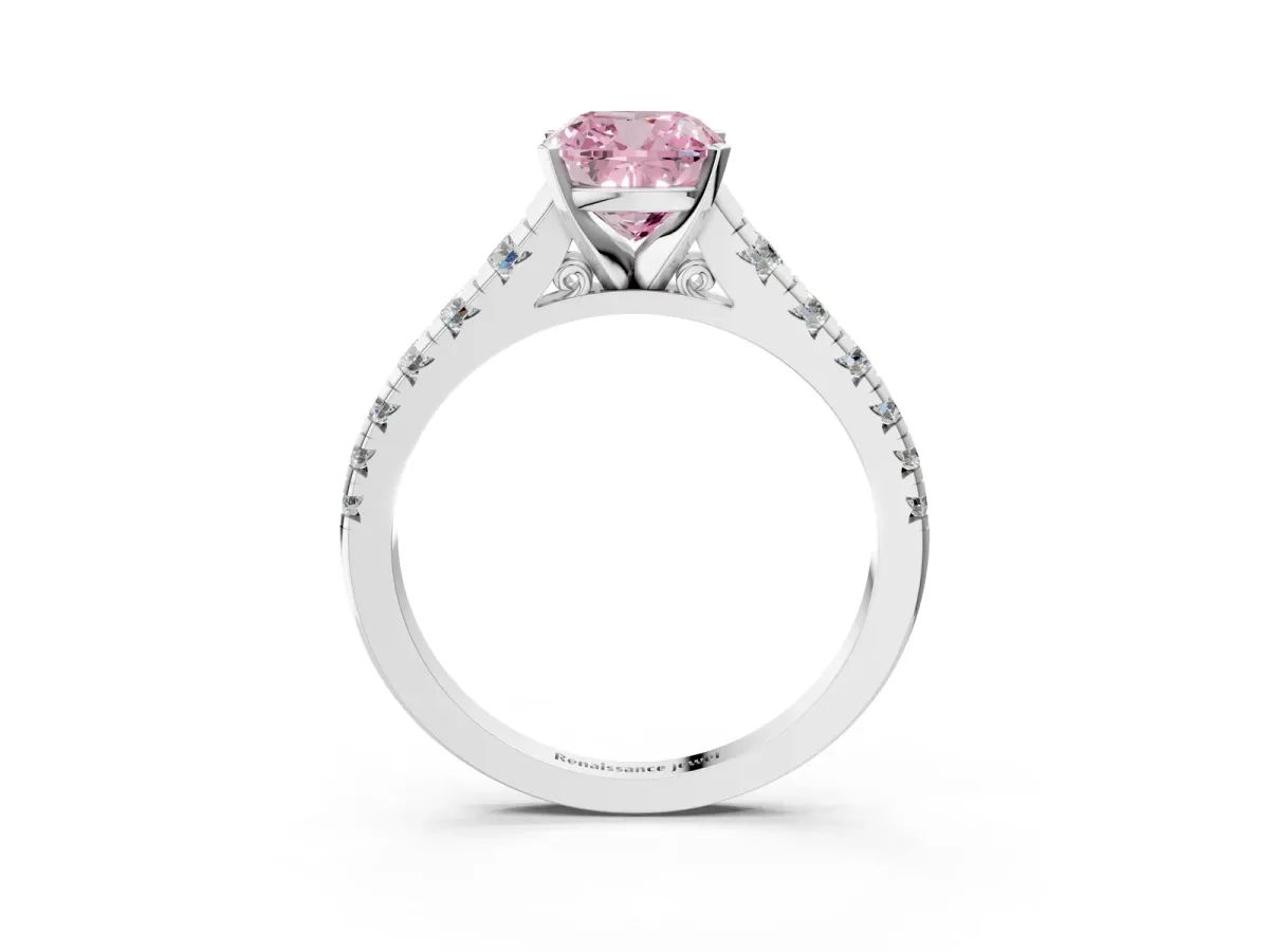 Fancy Pink Cushion Cut Diamond Cathedral Solitaire Ring with Round Pavé Band Silver