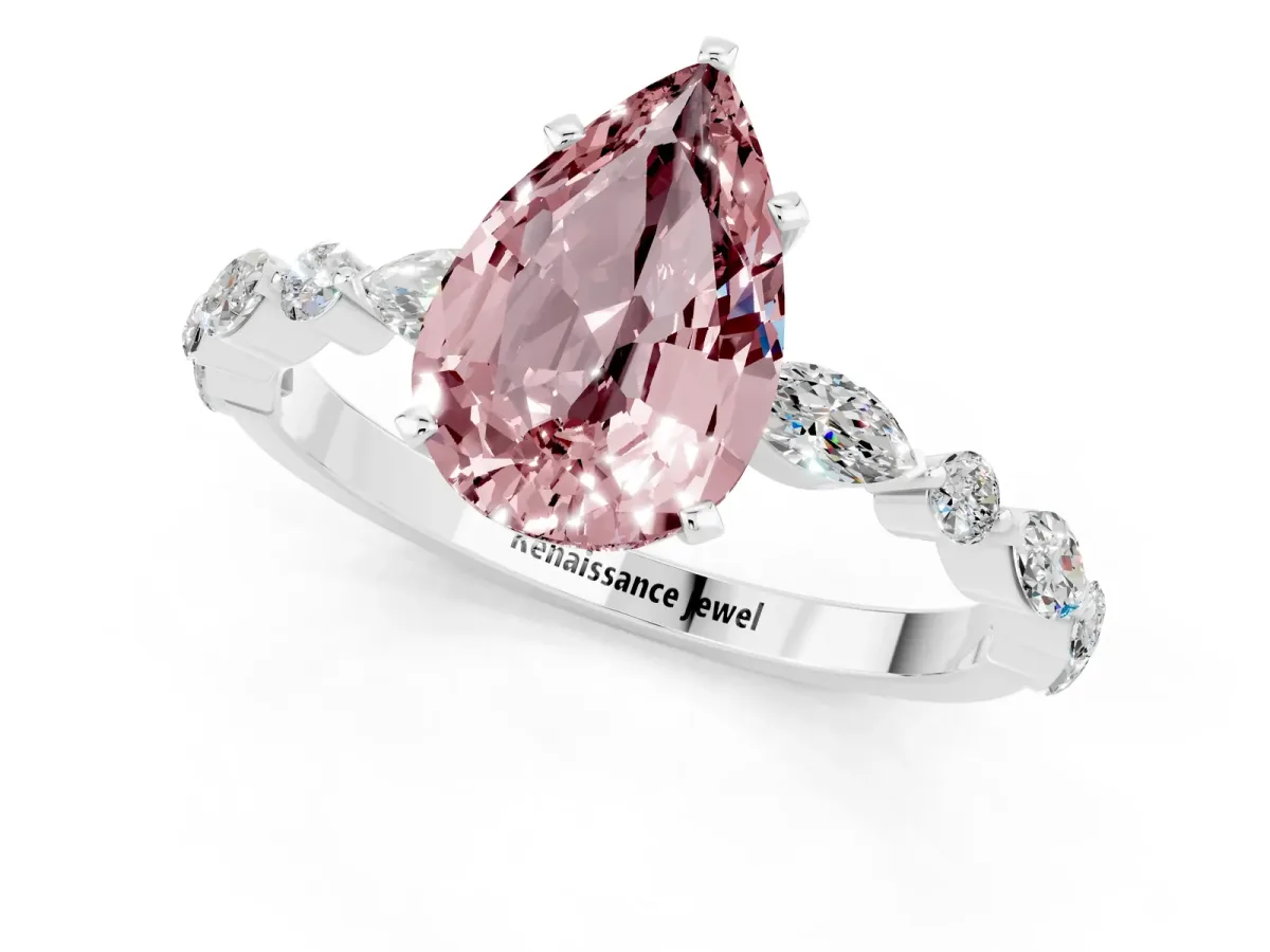 Pear Cut Morganite Ring with Marquise and Round Side Stones and Four-Prong Setting White gold