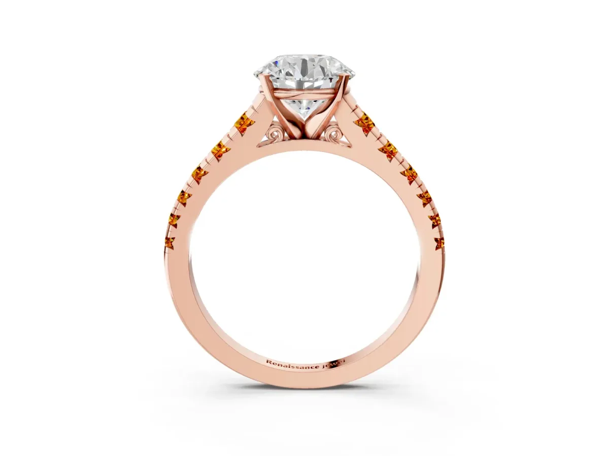 Round Cut Diamond Cathedral Solitaire Ring with Round Citrine Pavé Band Rose gold