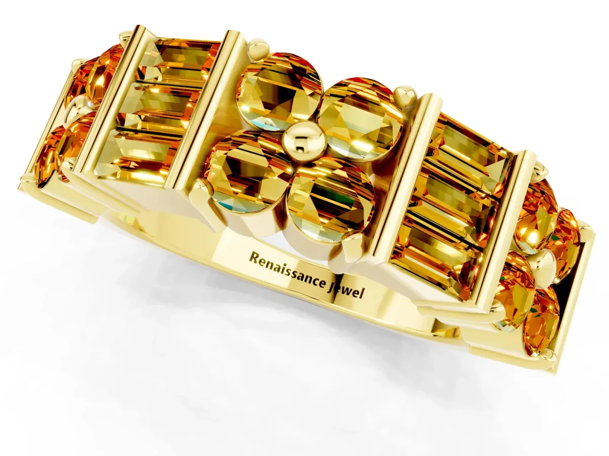 Channel Set Round and Baguette Citrine Anniversary Band with Prong Setting Yellow gold
