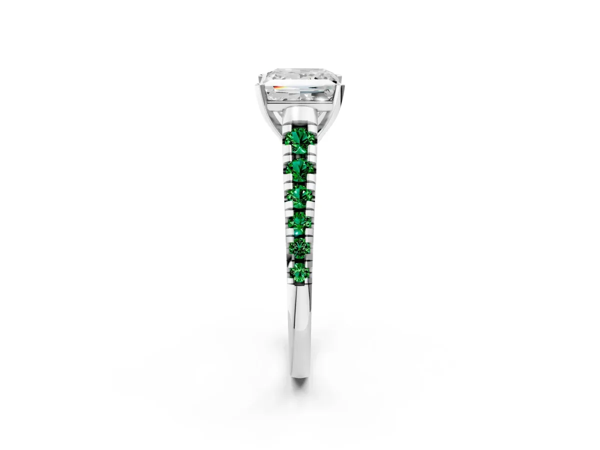Princess Cut Diamond Cathedral Solitaire Ring with Round Emerald Pavé Band Platinum
