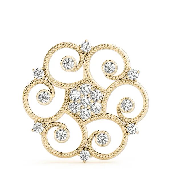 Milgrain Diamond Round Swirl Pendant with Prong Setting Yellow gold