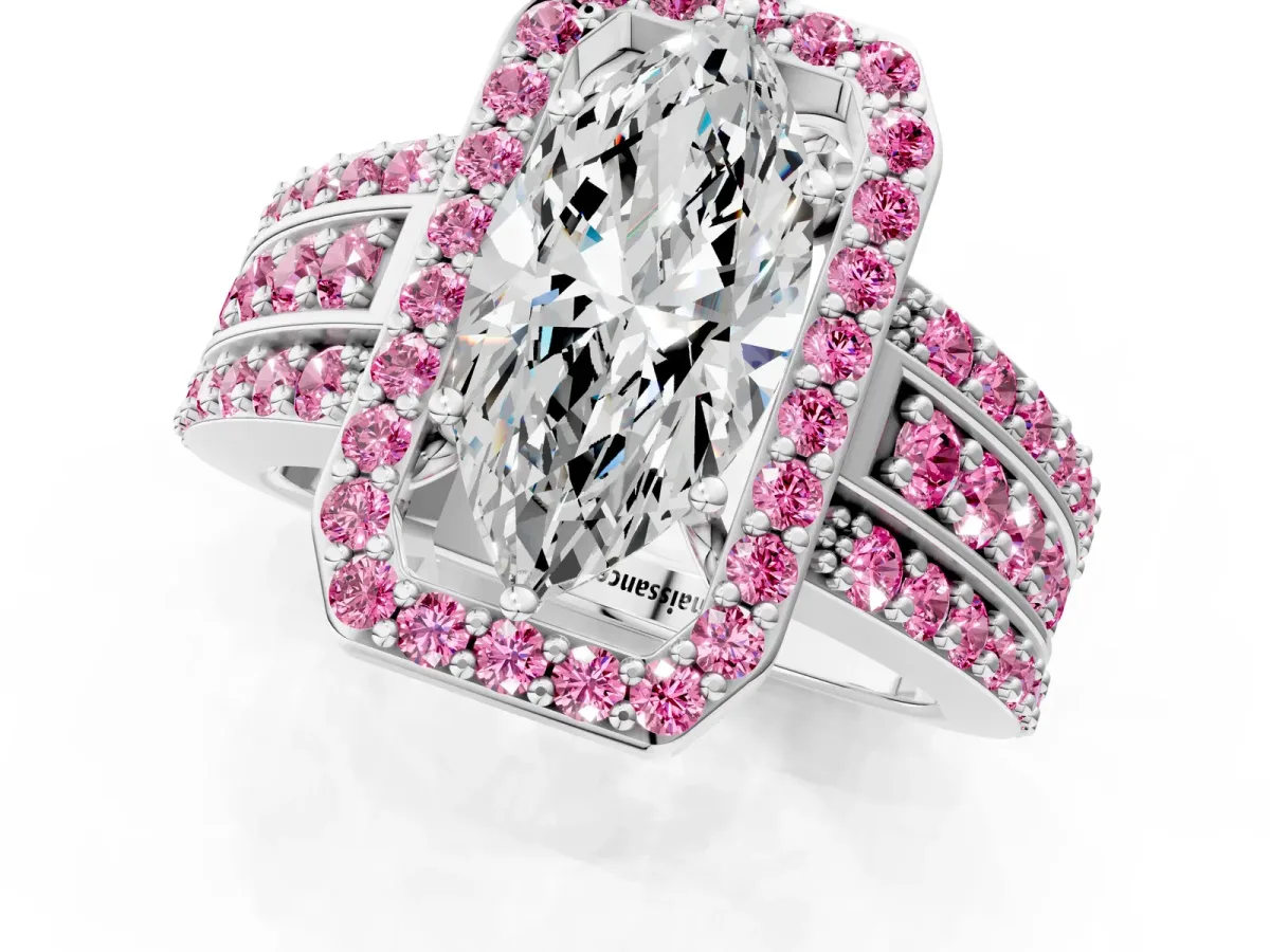 Marquise Cut Halo Diamond Ring with Round Pink Sapphire Split Shank and Prong Setting Platinum