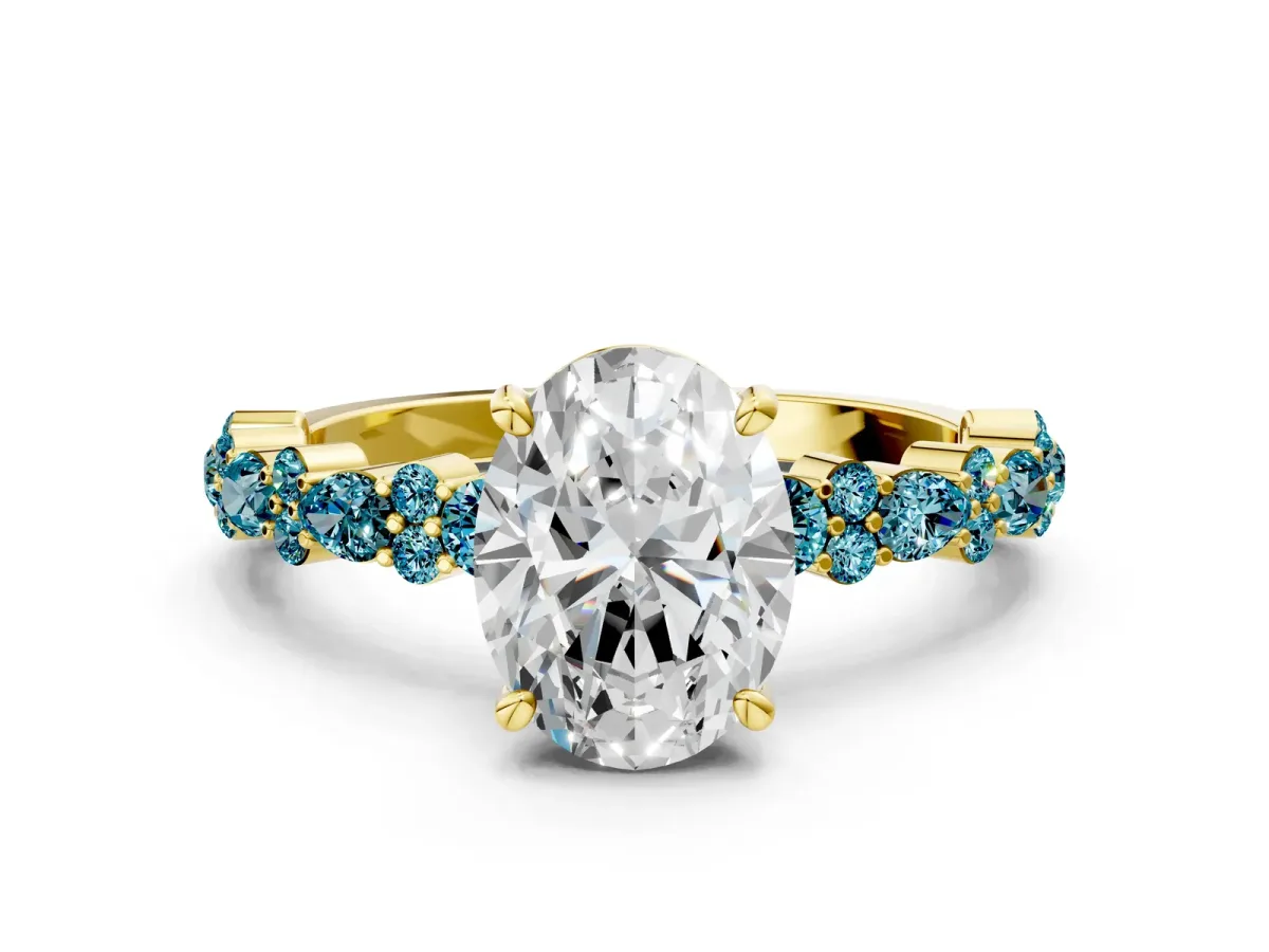 Oval Cut Diamond Side Stone Solitaire Ring with Round Blue Topaz and Four-Prong Setting Yellow gold