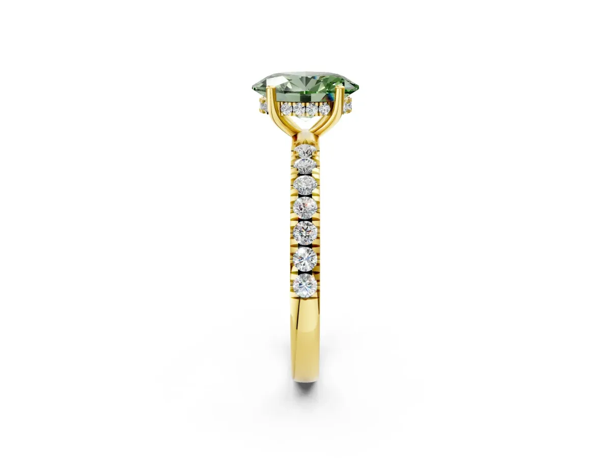 Fancy Green Oval Cut Diamond Pave Band Solitaire Ring with Round and Prong Setting Yellow gold