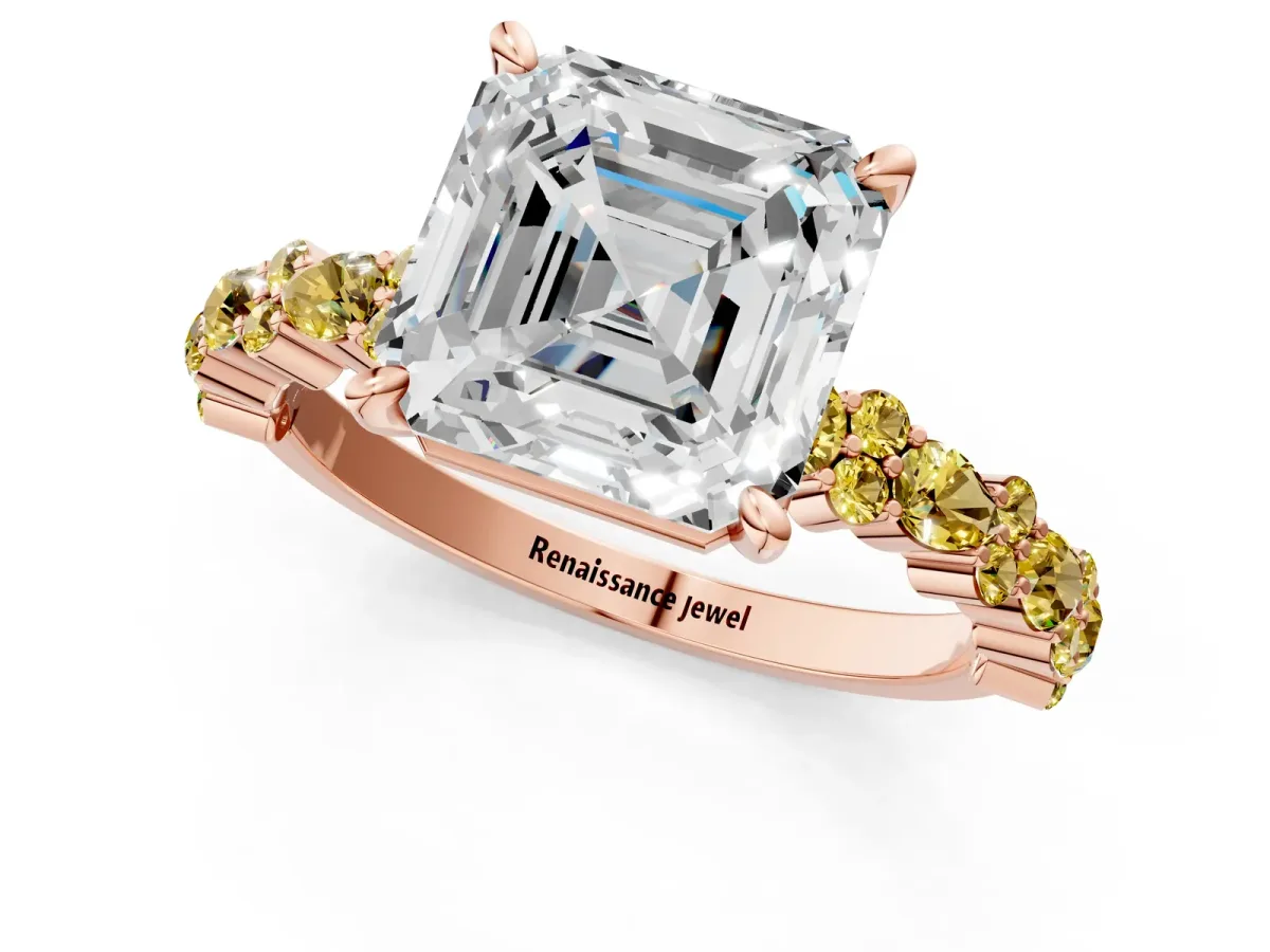 Asscher Cut Diamond Side Stone Solitaire Ring with Round Yellow Sapphire and Four-Prong Setting Rose gold