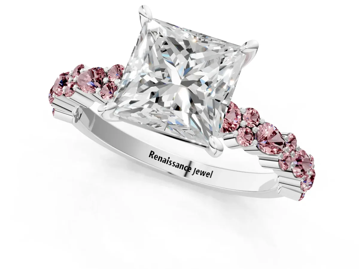 Princess Cut Diamond Side Stone Solitaire Ring with Round Morganite and Four-Prong Setting Platinum