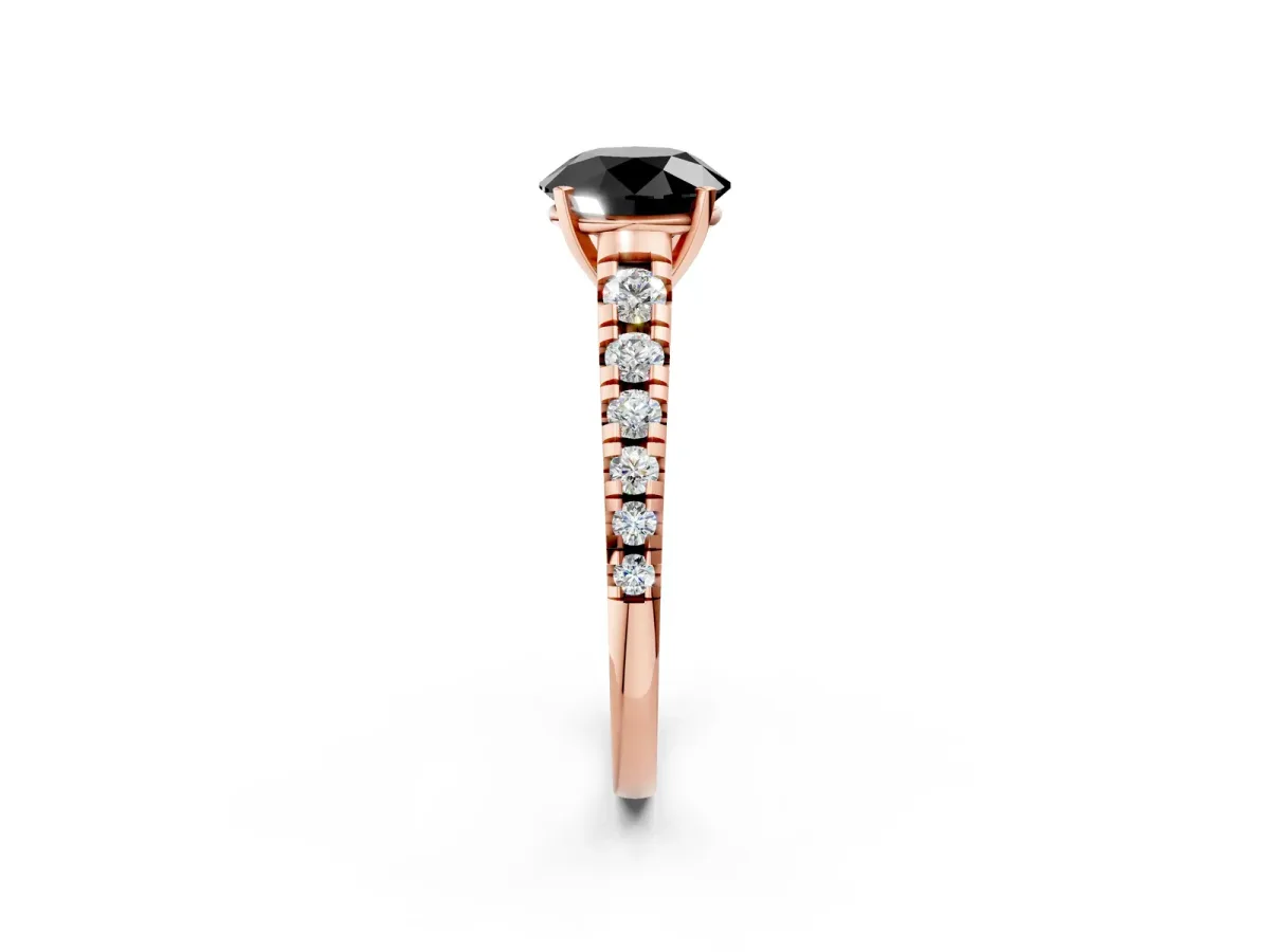 Fancy Black Round Cut Diamond Cathedral Solitaire Ring with Round Pavé Band Rose gold