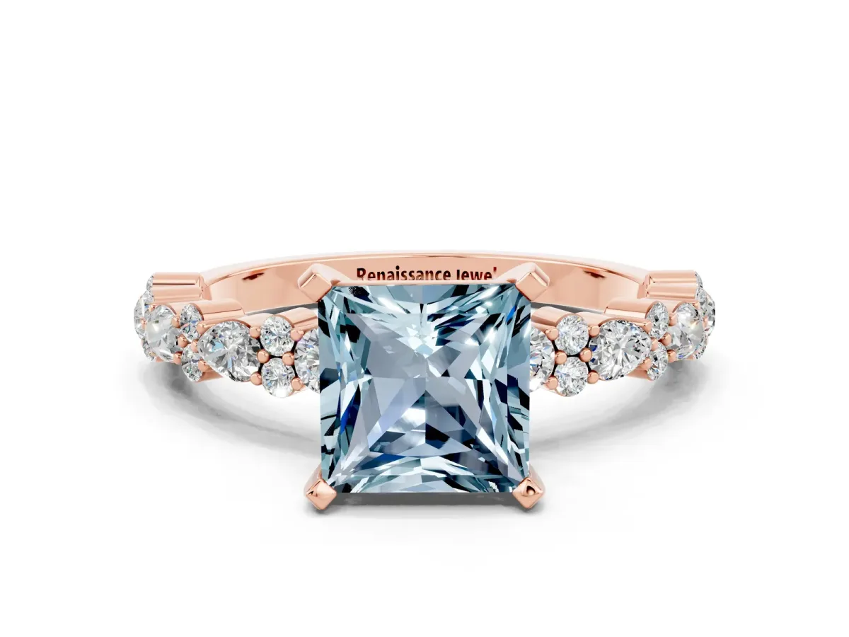 Princess Cut Aquamarine Side Stone Solitaire Ring with Round and Four-Prong Setting Rose gold