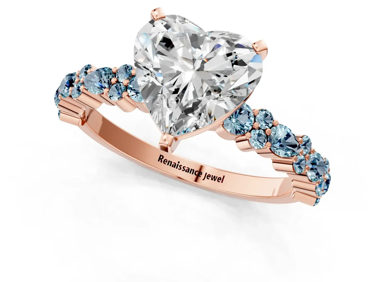 Heart Cut Diamond Side Stone Solitaire Ring with Round Aquamarine and Four-Prong Setting Rose gold