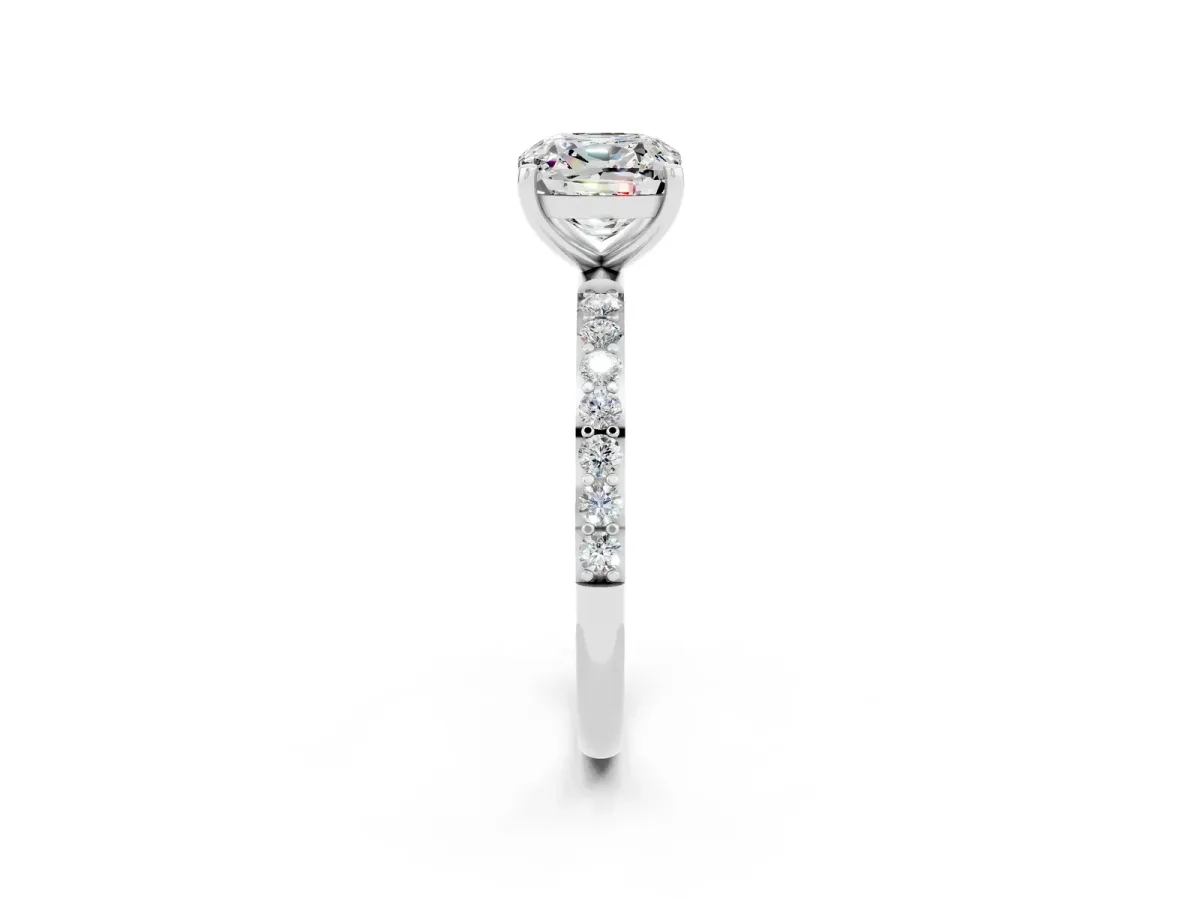 Cushion Cut Moissanite Solitaire Ring with Round Pavé Band and Prong Setting Silver