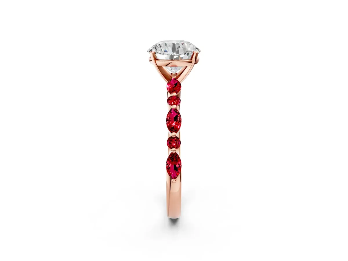 Round Cut Diamond Ring with Marquise and Round Ruby Side Stones and Four-Prong Setting Rose gold