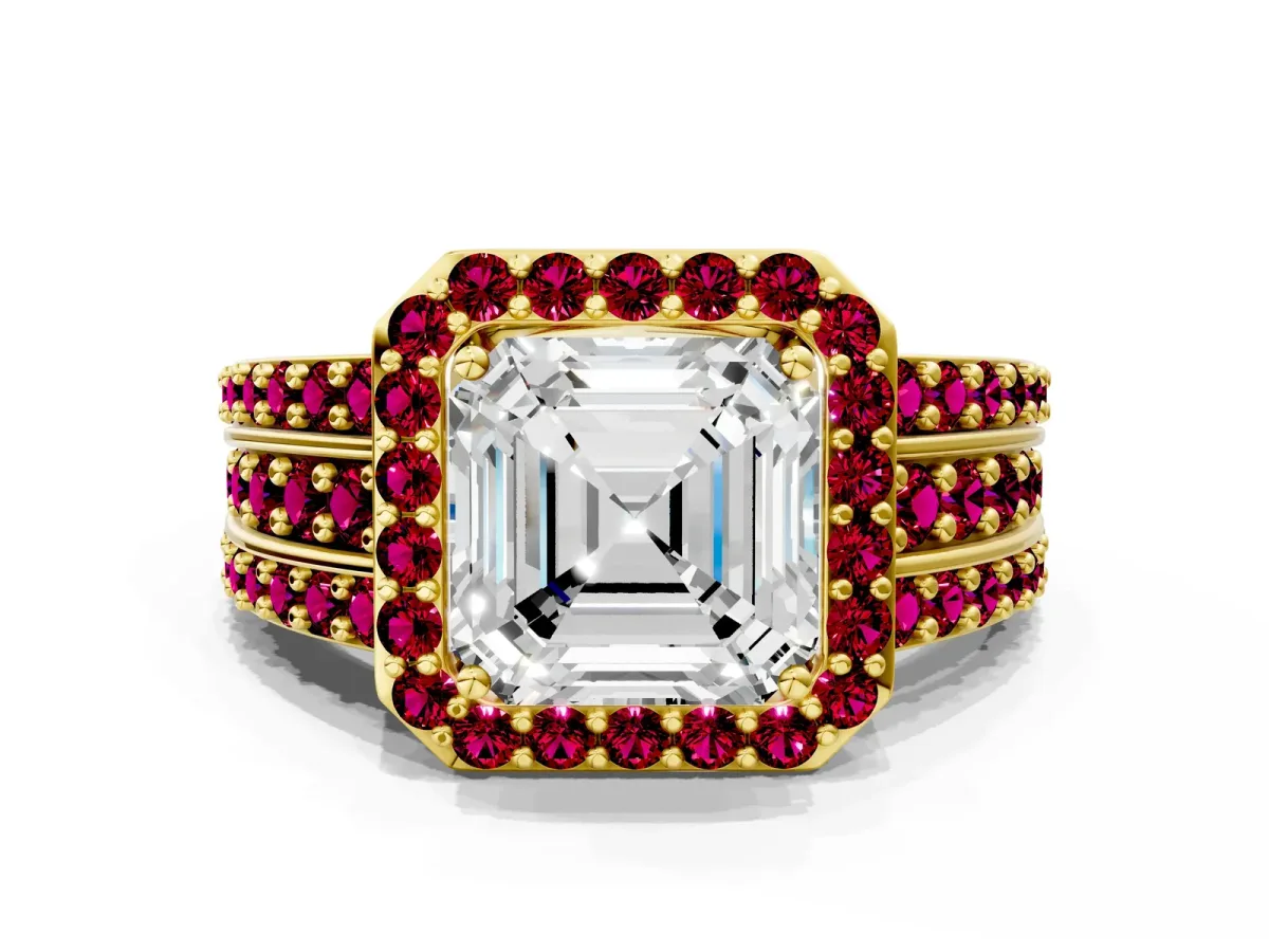 Asscher Cut Halo Diamond Ring with Round Garnet Split Shank and Prong Setting Yellow gold