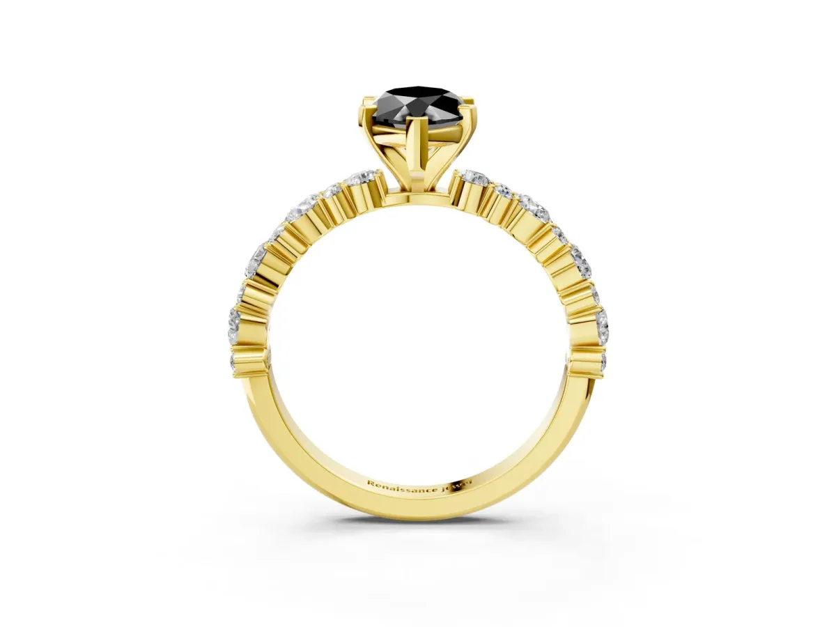 Fancy Black Marquise Cut Diamond Side Stone Solitaire Ring with Round and Four-Prong Setting Yellow gold