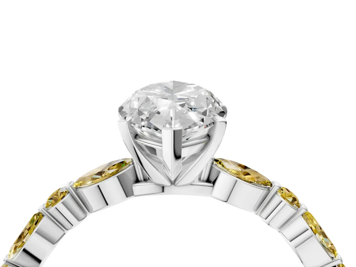Marquise Cut Diamond Ring with Marquise and Round Yellow Sapphire Side Stones and Four-Prong Setting Silver