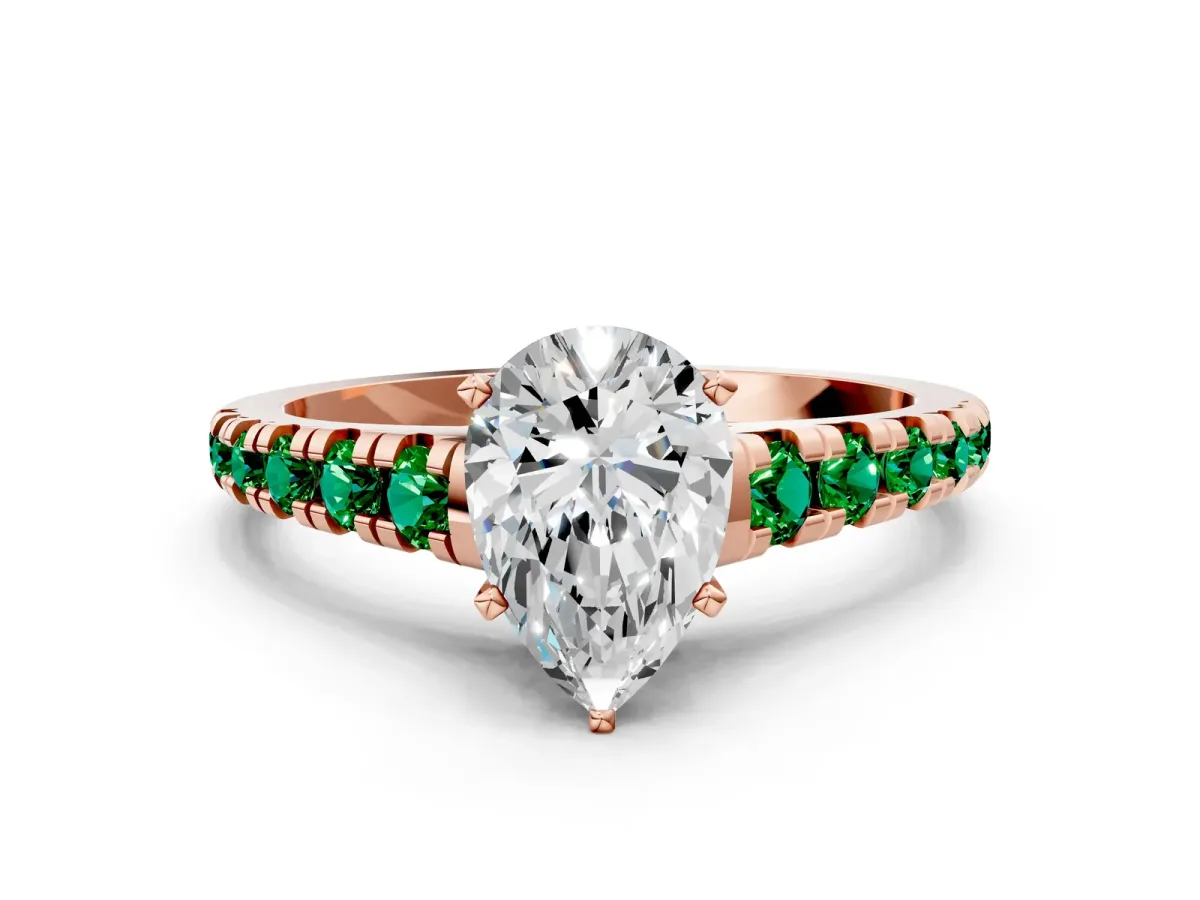 Pear Cut Diamond Cathedral Solitaire Ring with Round Emerald Pavé Band Rose gold