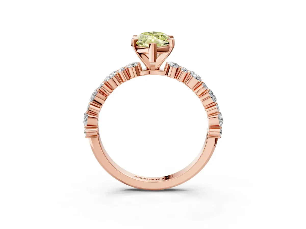 Fancy Yellow Marquise Cut Diamond Side Stone Solitaire Ring with Round and Four-Prong Setting Rose gold