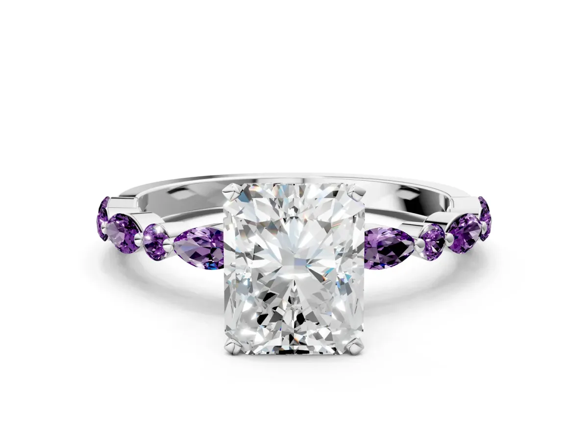 Radiant Cut Diamond Ring with Marquise and Round Amethyst Side Stones and Four-Prong Setting Silver
