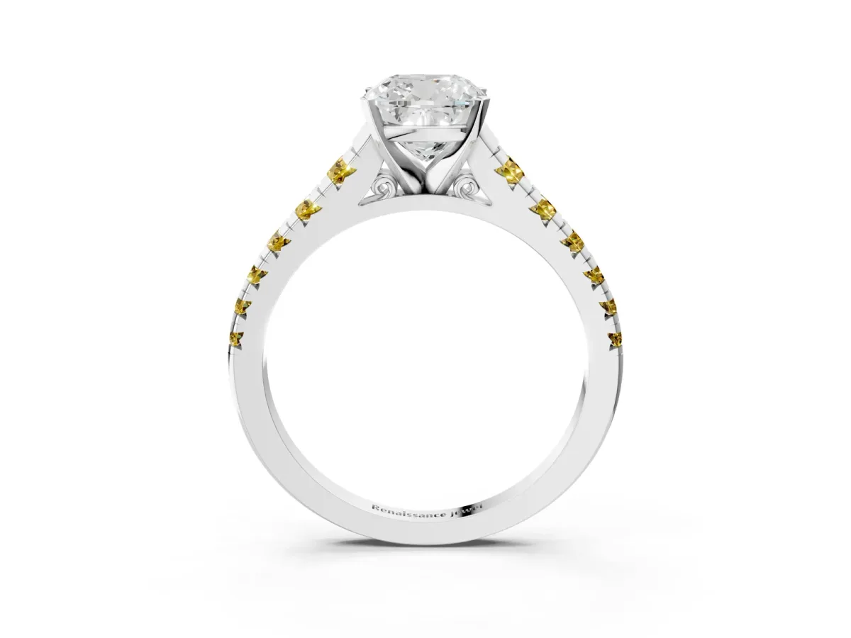 Cushion Cut Diamond Cathedral Solitaire Ring with Round Yellow Sapphire Pavé Band Silver