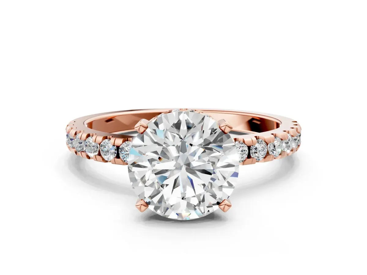 Round Cut Diamond Solitaire Ring with Round Pavé Band and Four-Prong Setting Rose gold