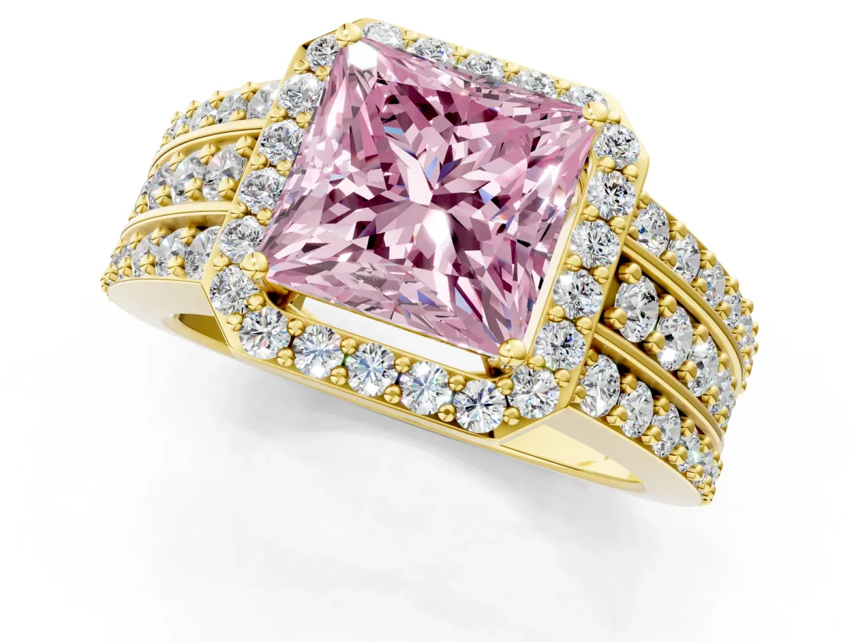 Fancy Pink Princess Cut Halo Diamond Ring with Round Split Shank and Prong Setting Yellow gold