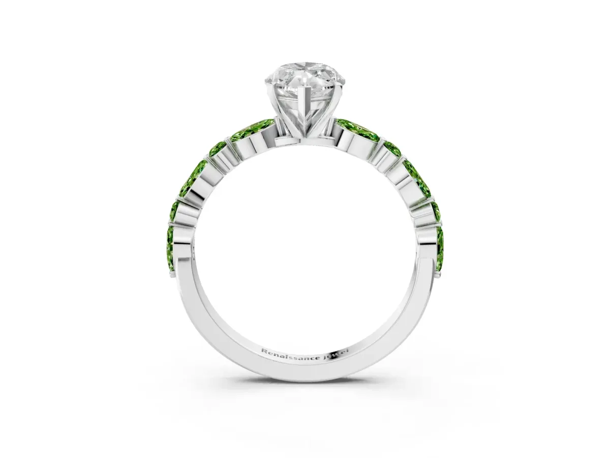 Marquise Cut Diamond Ring with Marquise and Round Peridot Side Stones and Four-Prong Setting Silver