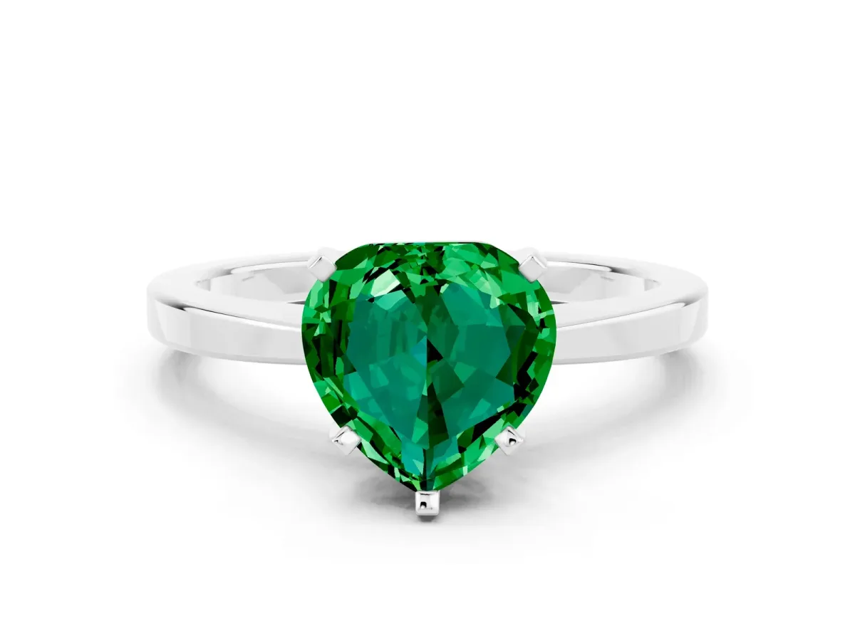Heart Cut Emerald Solitaire Engagement Ring with Classic Band and Four-Prong Setting Silver
