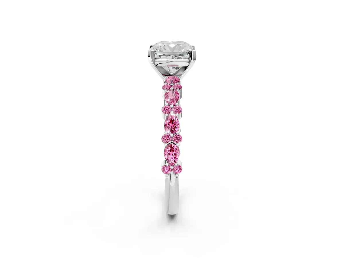 Cushion Cut Diamond Side Stone Solitaire Ring with Round Pink Sapphire and Four-Prong Setting Platinum