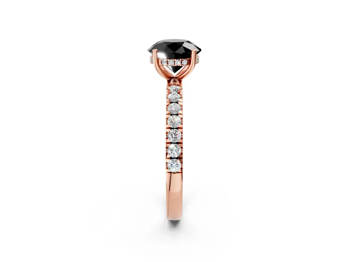 Fancy Black Round Cut Diamond Pave Band Solitaire Ring with Round and Prong Setting Rose gold