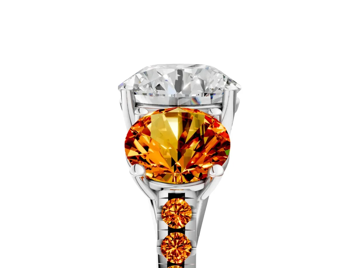 Three-Stone Round Cut Diamond Ring with Round Citrine Pavé Band and Prong Setting White gold