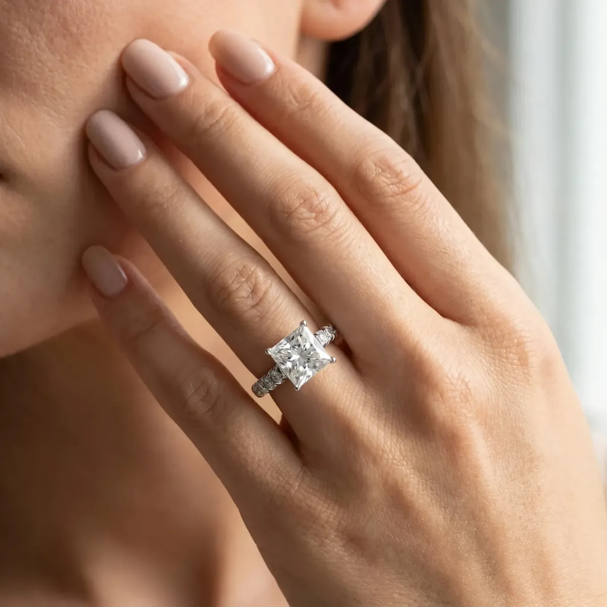 Princess Cut Diamond Cathedral Solitaire Ring with Round Pavé Band Platinum