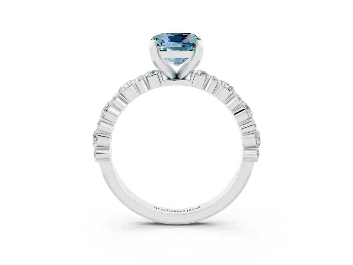 Cushion Cut Aquamarine Side Stone Solitaire Ring with Round and Four-Prong Setting White gold