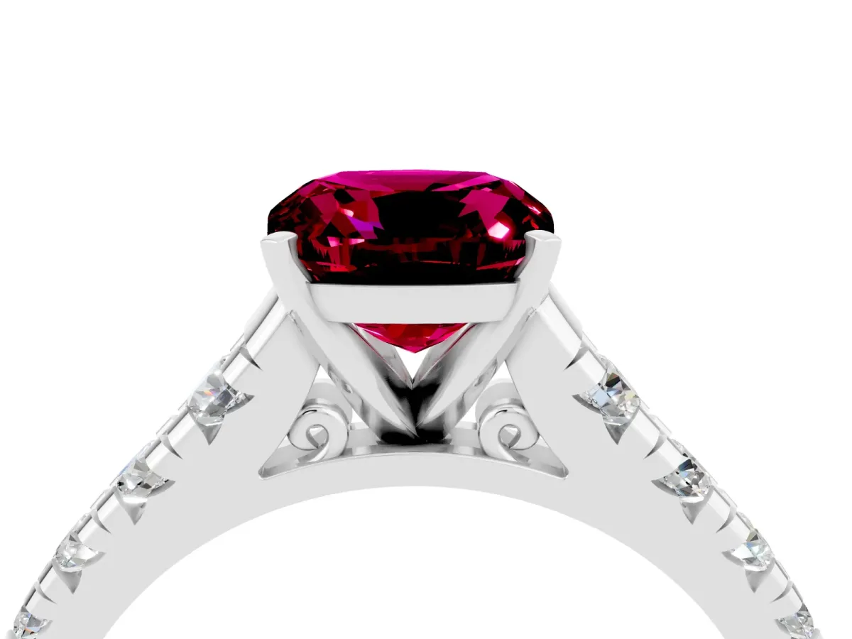 Cushion Cut Garnet Cathedral Solitaire Ring with Round Pavé Band White gold