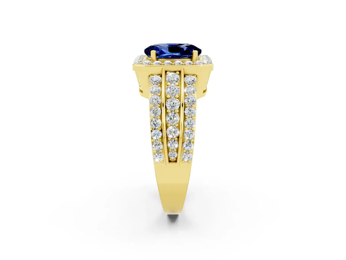 Oval Cut Halo Blue Sapphire Ring with Round Split Shank and Prong Setting Yellow gold