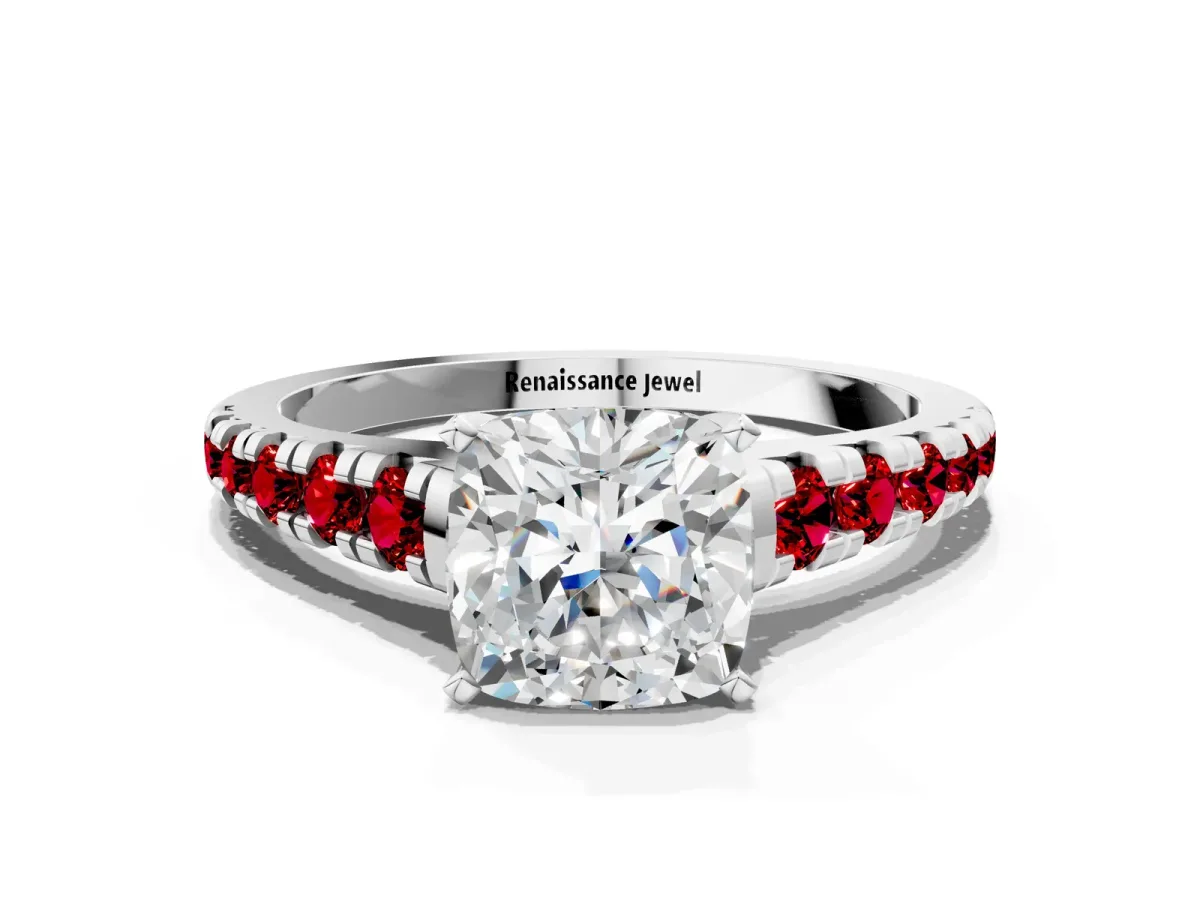 Cushion Cut Diamond Cathedral Solitaire Ring with Round Ruby Pavé Band Platinum