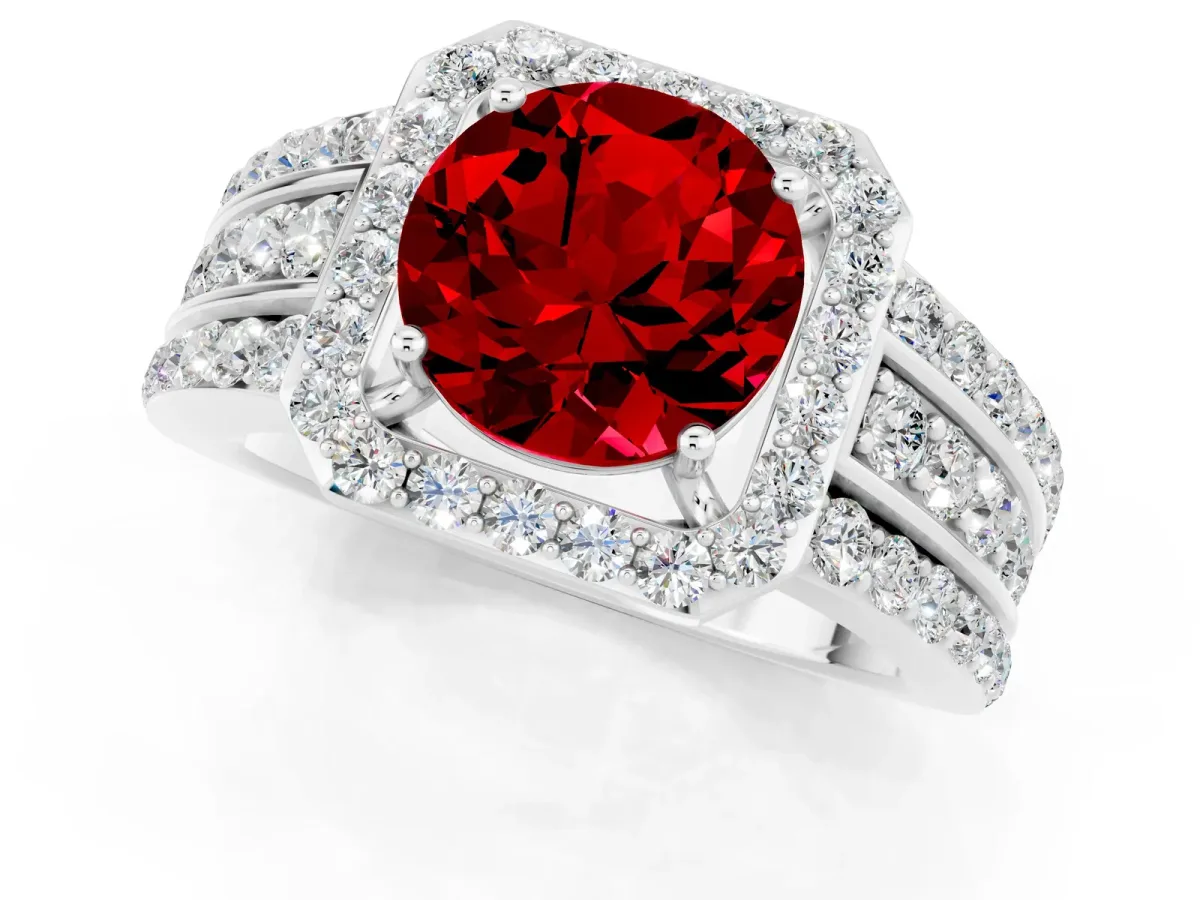 Round Cut Halo Ruby Ring with Round Split Shank and Prong Setting White gold