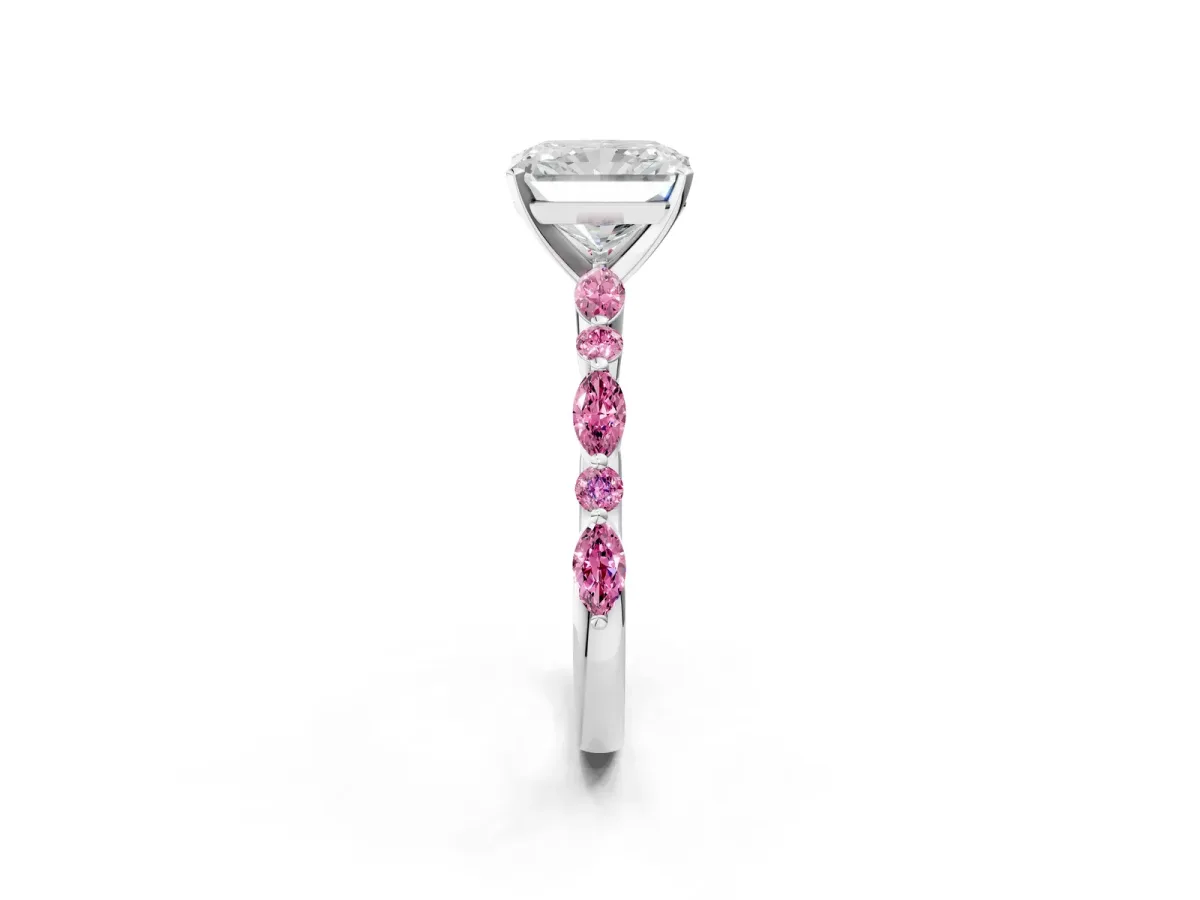 Radiant Cut Diamond Ring with Marquise and Round Pink Sapphire Side Stones and Four-Prong Setting Silver