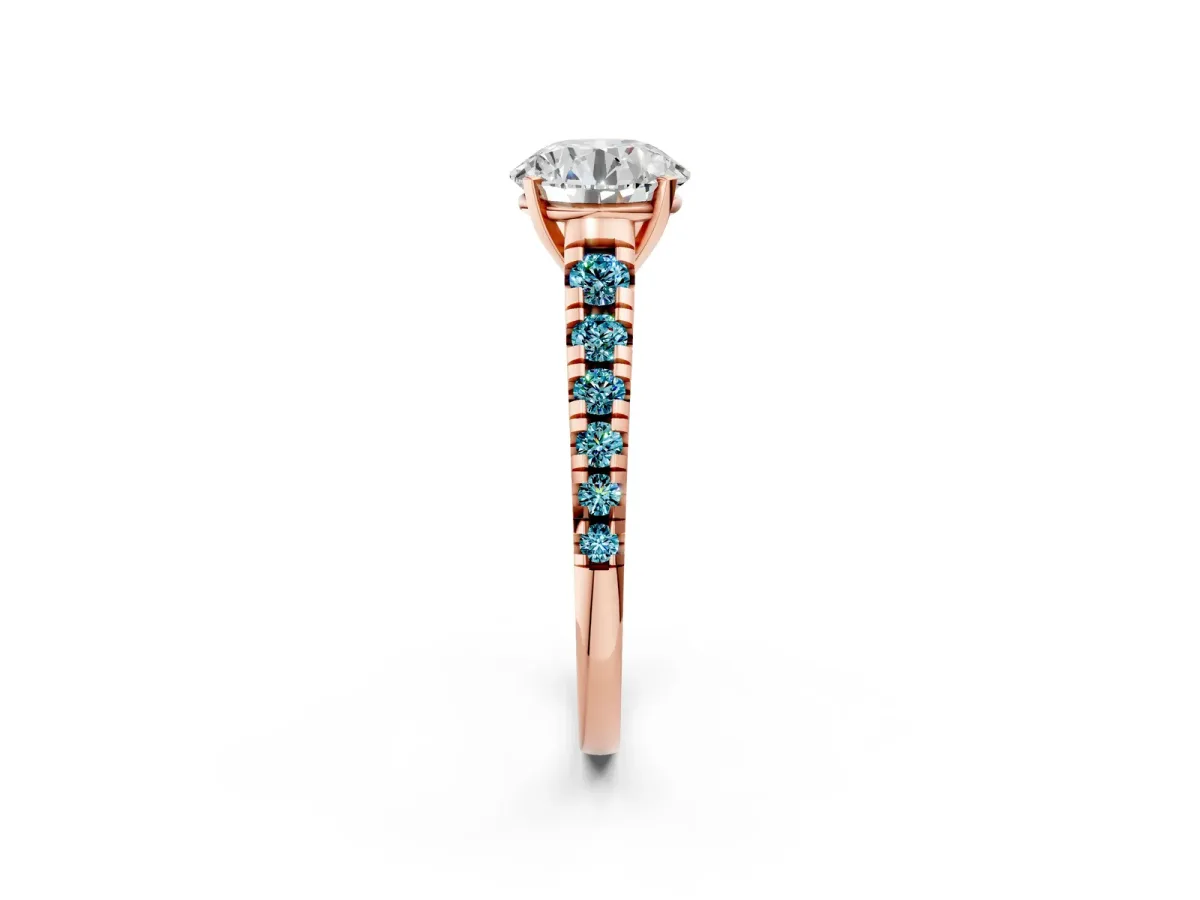 Round Cut Diamond Cathedral Solitaire Ring with Round Blue Topaz Pavé Band Rose gold