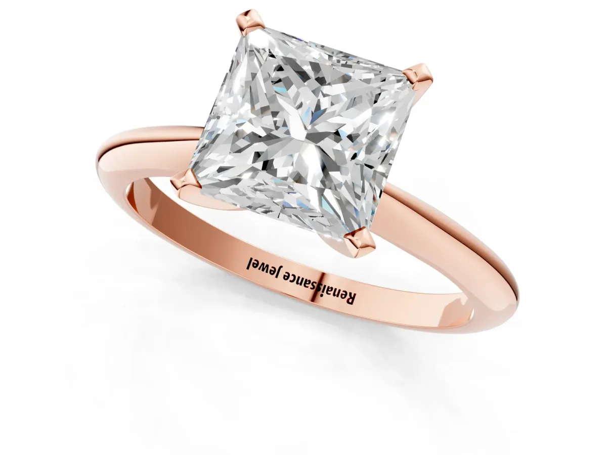 Princess Cut Diamond Solitaire Engagement Ring with Classic Band and Four-Prong Setting Rose gold