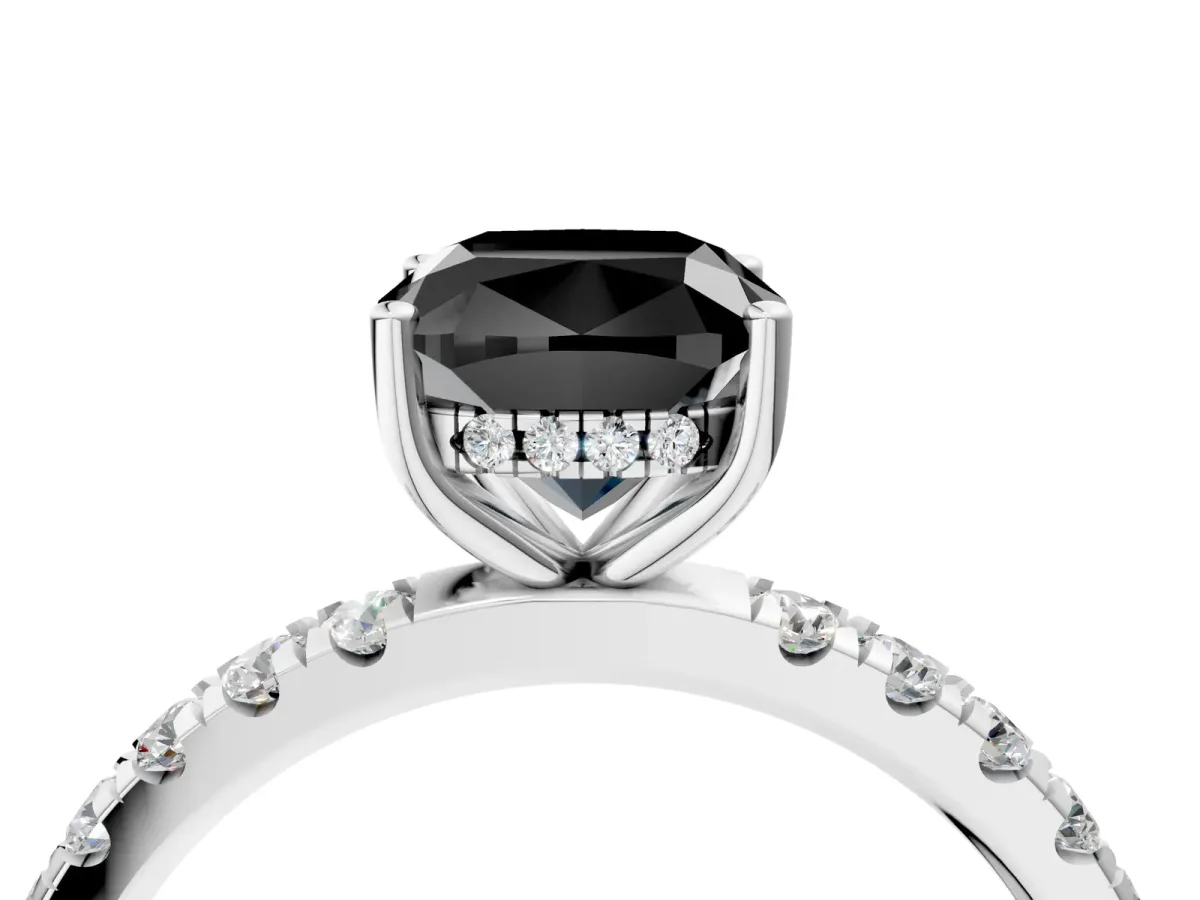 Fancy Black Cushion Cut Diamond Pave Band Solitaire Ring with Round and Prong Setting Silver