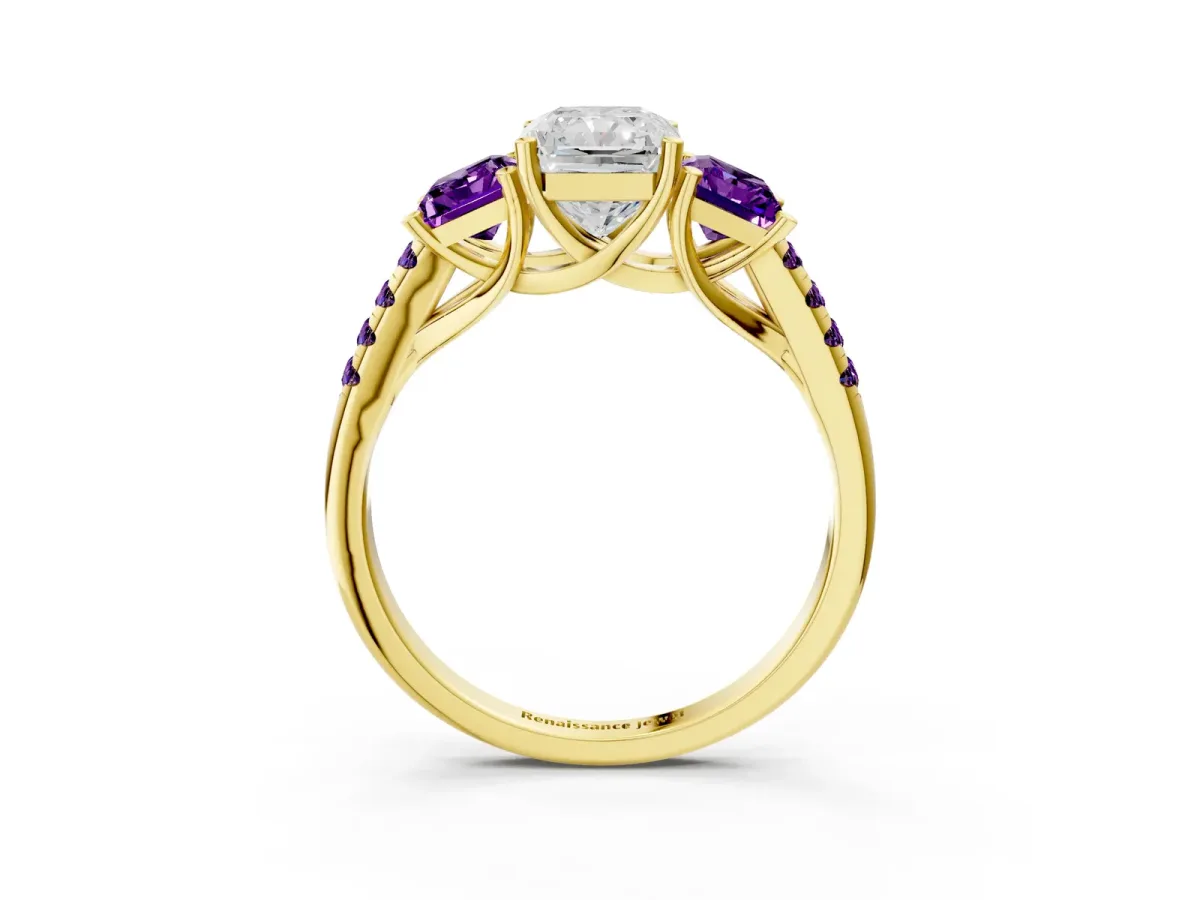 Three-Stone Radiant Cut Diamond Ring with Round Amethyst Pavé Band and Prong Setting Yellow gold