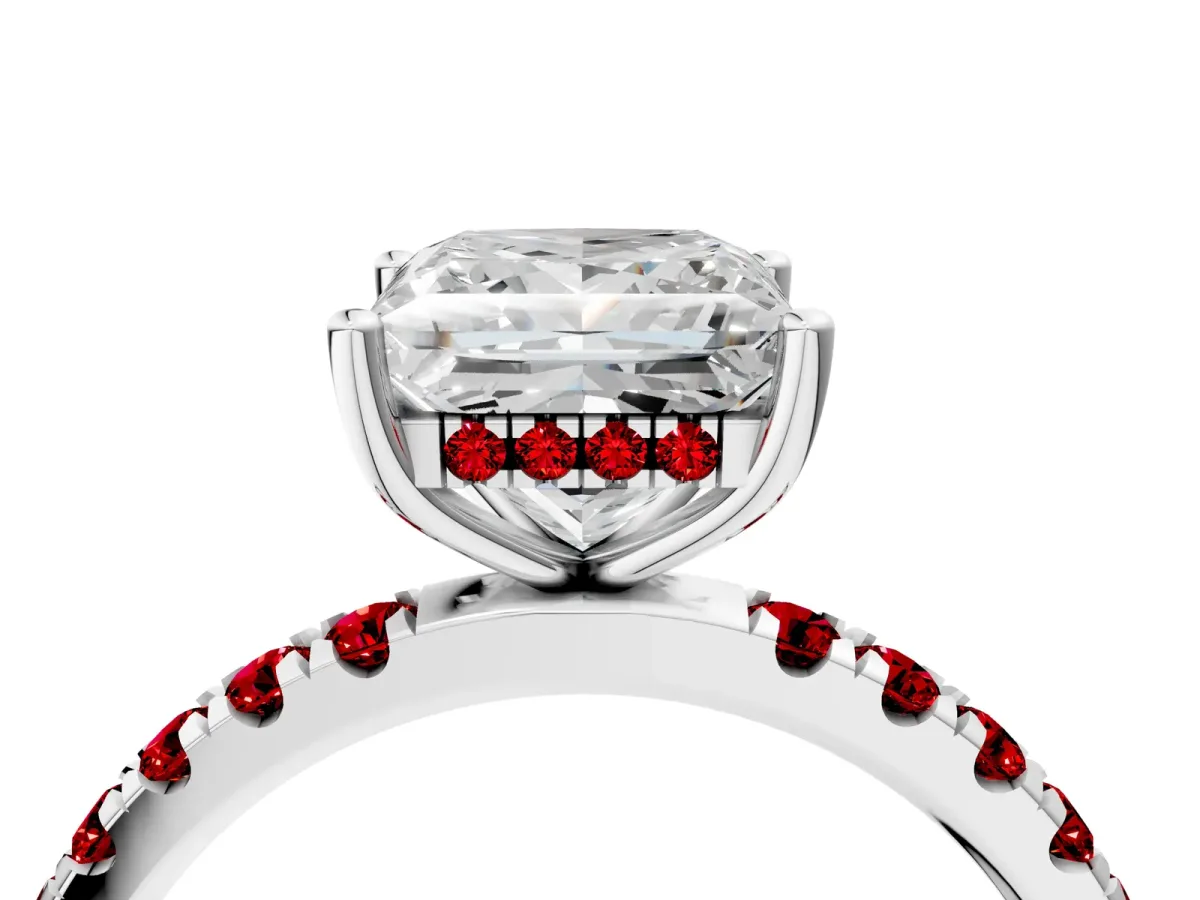 Princess Cut Diamond Pave Band Solitaire Ring with Round Ruby and Prong Setting White gold