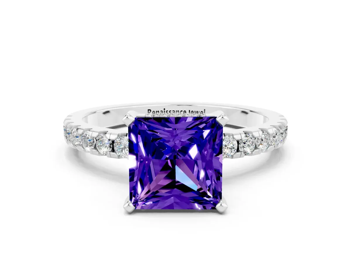 Princess Cut Tanzanite Solitaire Ring with Round Pavé Band and Four-Prong Setting Platinum