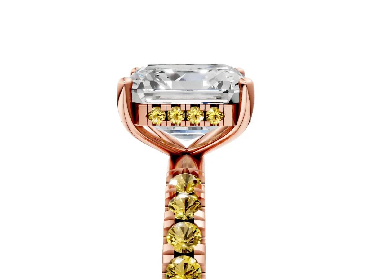 Asscher Cut Diamond Pave Band Solitaire Ring with Round Yellow Sapphire and Prong Setting Rose gold