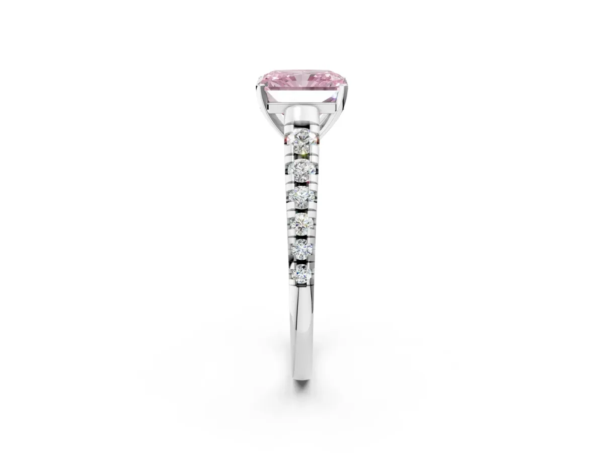 Fancy Pink Radiant Cut Diamond Cathedral Solitaire Ring with Round Pavé Band Silver