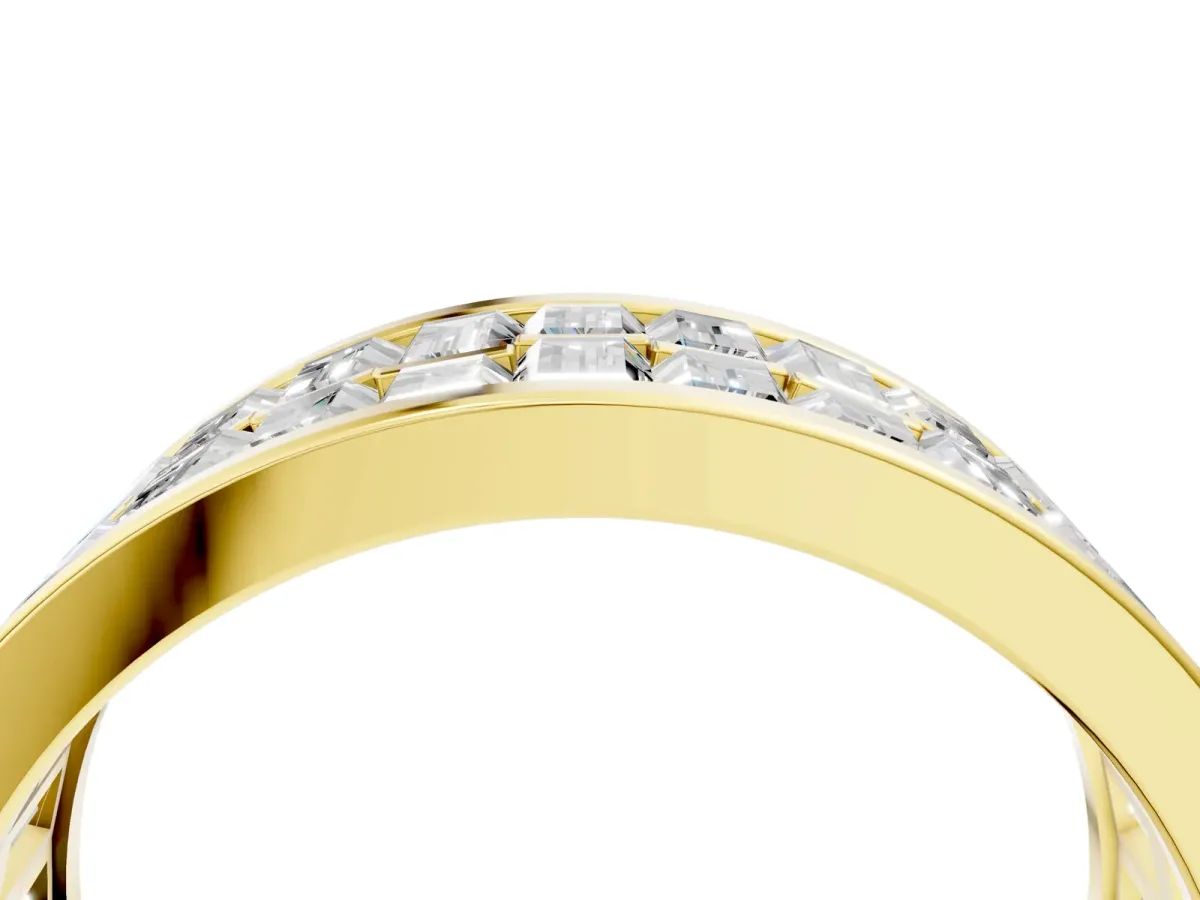 Baguette Diamond Staggered Two-Row Mens Band Yellow gold