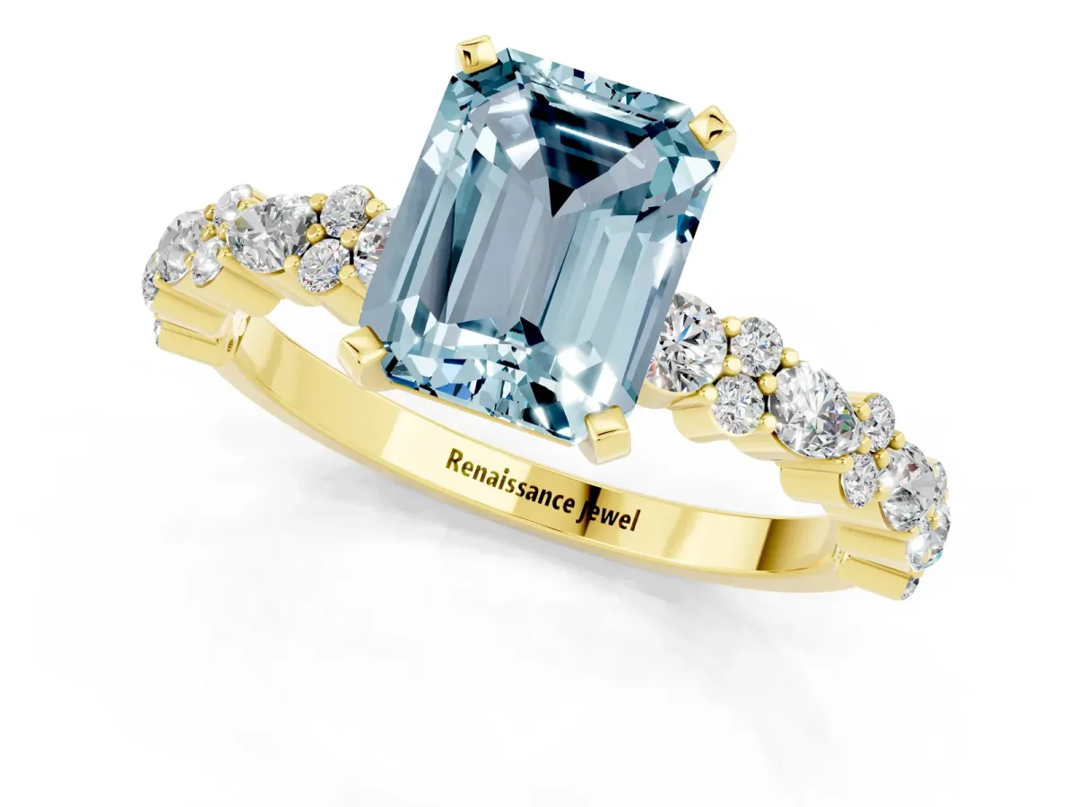 Emerald Cut Aquamarine Side Stone Solitaire Ring with Round and Four-Prong Setting Yellow gold