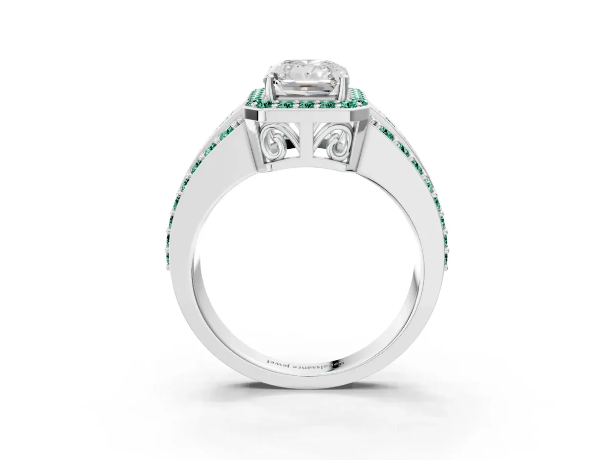 Radiant Cut Halo Diamond Ring with Round Green Sapphire Split Shank and Prong Setting Platinum