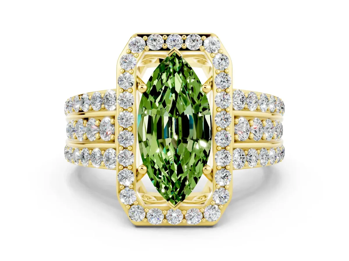 Marquise Cut Halo Peridot Ring with Round Split Shank and Prong Setting Yellow gold